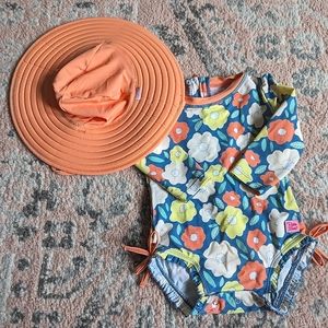 Ruffle Butts Swim Floral Long Sleeve One Piece Rash Guard Zipper  w/ Hat